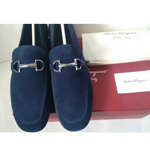 New! SALVATORE FERRAGAMO Blue Suede Bit Loafers - Picture 7 of 8